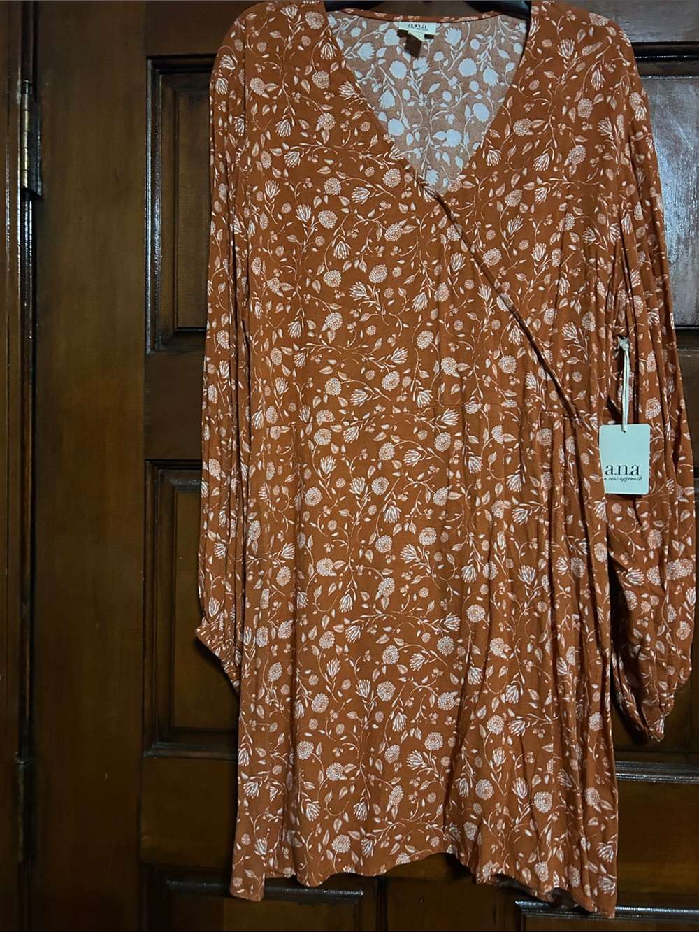 a.n.a Rust Floral Wrap Dress with White Print